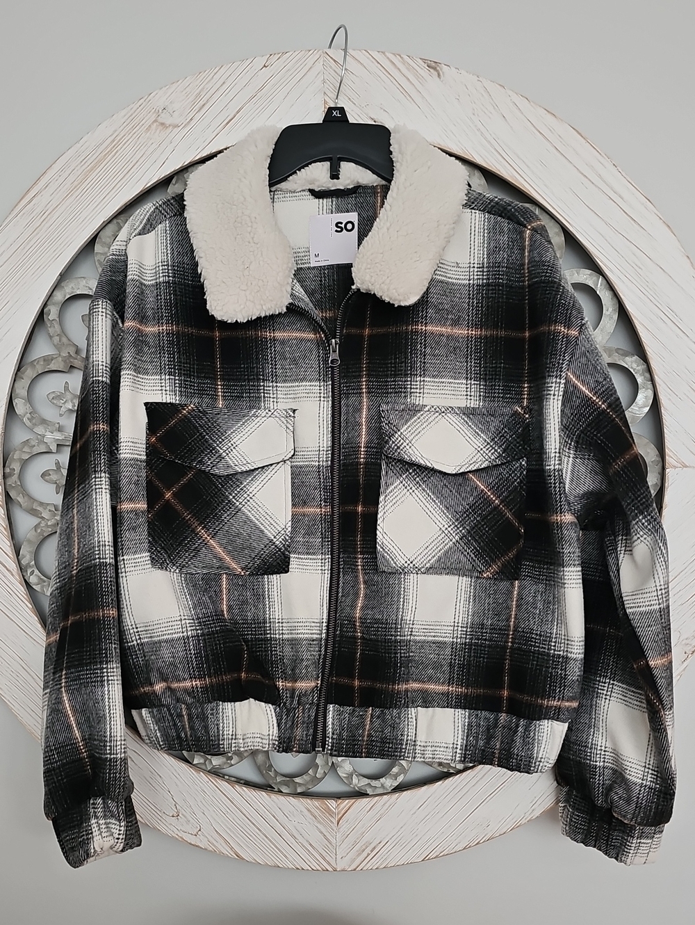 SO Women's Black & Cream Plaid Sherpa Collar Jacket